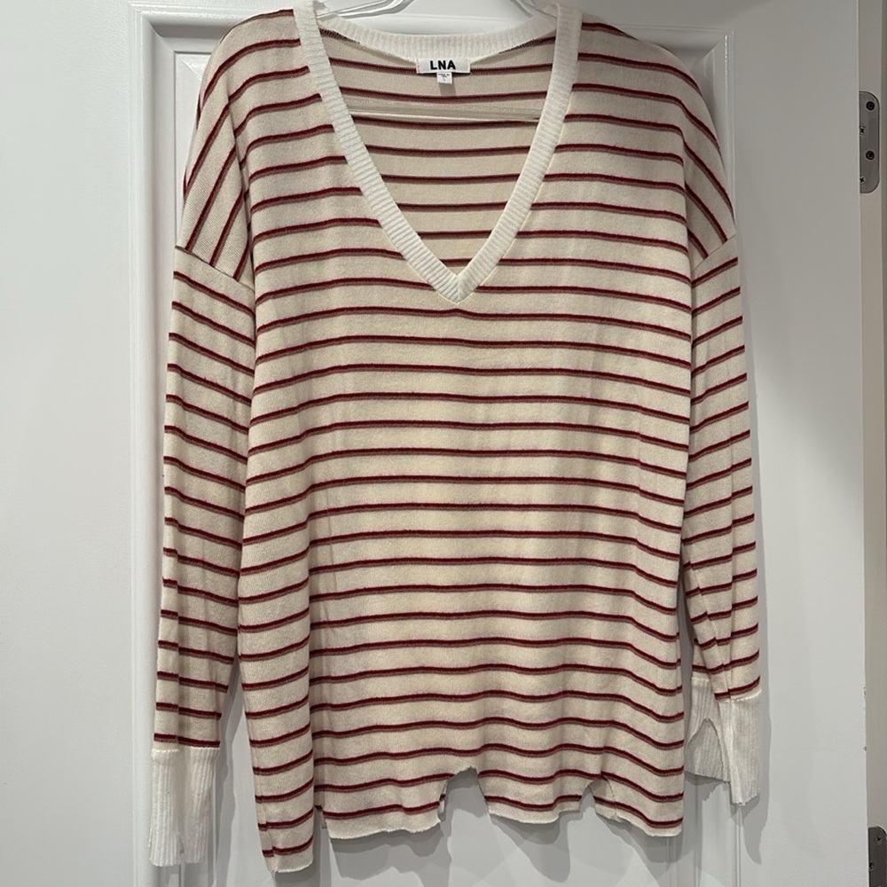 LNA STRIPED DISTRESSED V-NECK SWEATER - Picture 2 of 9